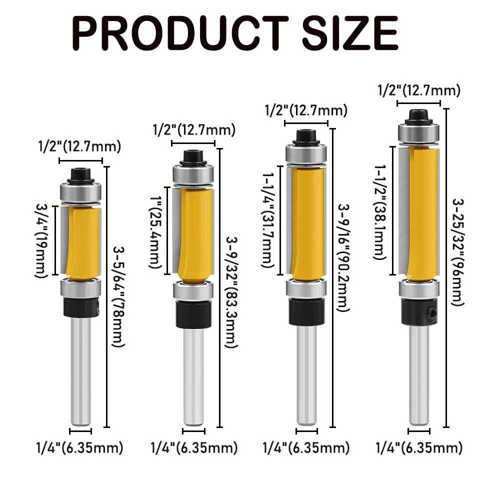4Pcs Top and Bottom Bearing Flush Trim Router Bits Set 1/4 Inch Shank, Carbide Pattern Flush Trim Cut Router bit, 1/2 Inch Cutting Diameter, 3/4", 1", 1-1/4", 1-1/2" Inch Cutting Length (Size A)