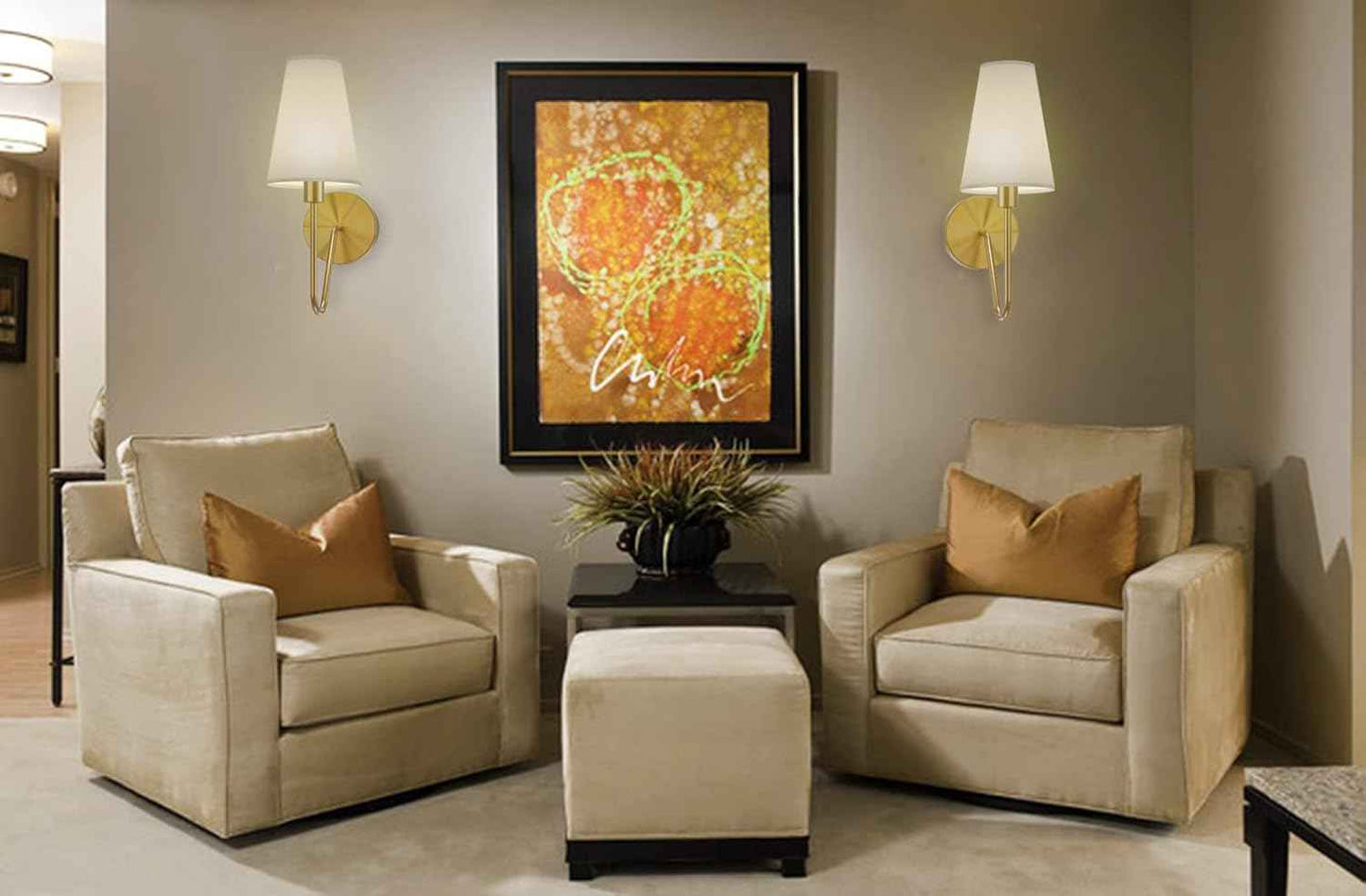 Gold Wall Sconce Lighting Fixture - Set of 2 Classic E12 Hardwired Lamps with Cream Shades