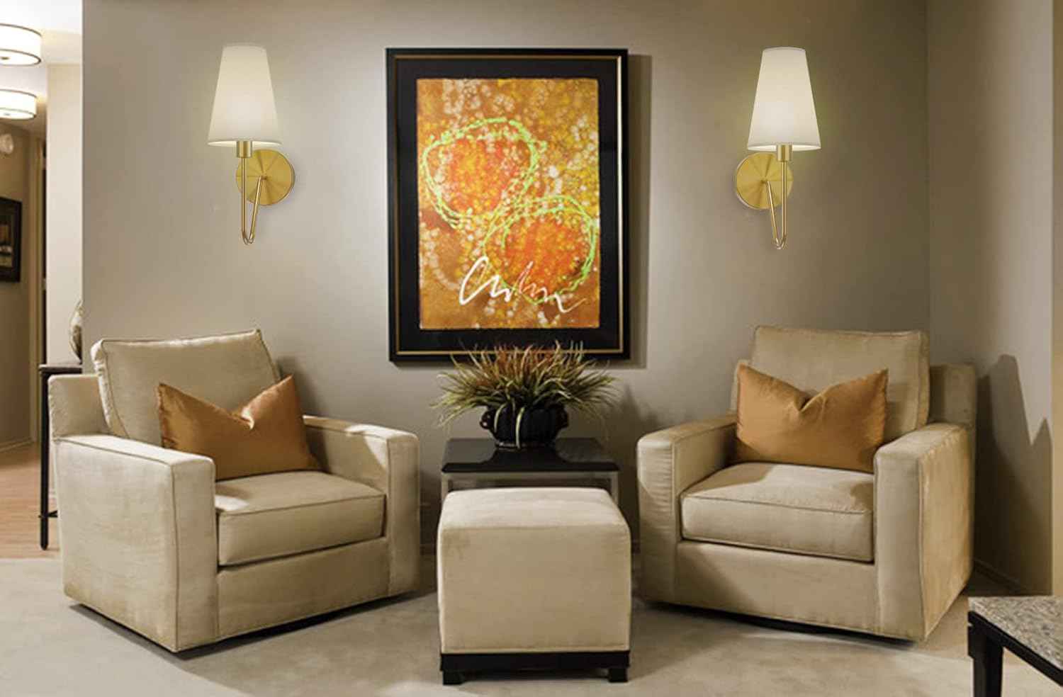 Gold Wall Sconce Lighting Fixture - Set of 2 Classic E12 Hardwired Lamps with Cream Shades