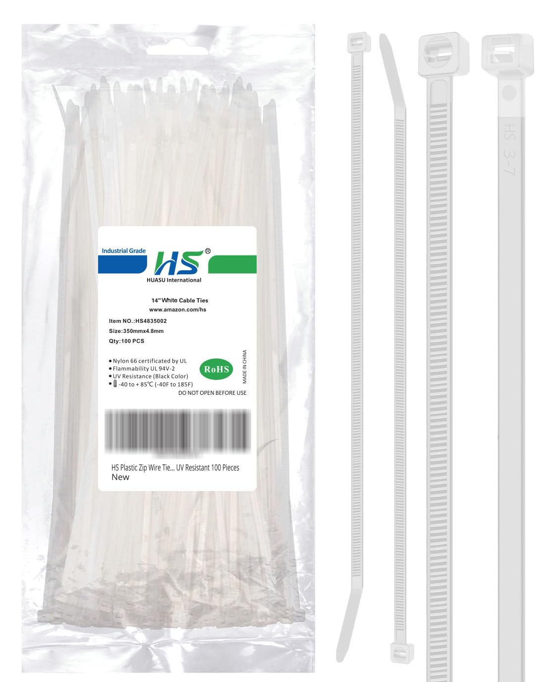 HS 14 Inch Zip Ties White 50 Pounds Tensile Strength Wide Straps (100 Pack) Nylon PA66,Self-Locking Long Electrical Plastic Cable Wire Zipties for Outdoor Use,Multi Purpose