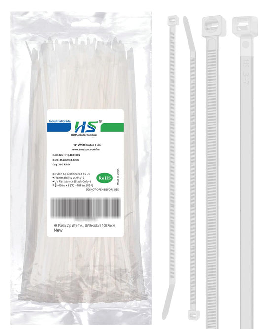 HS 14 Inch Zip Ties White 50 Pounds Tensile Strength Wide Straps (100 Pack) Nylon PA66,Self-Locking Long Electrical Plastic Cable Wire Zipties for Outdoor Use,Multi Purpose