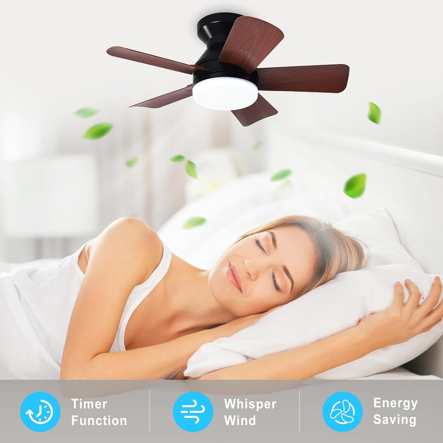 42-Inch Modern Black Ceiling Fan with Light & Remote - Dimmable Low Profile, 5 Reversible Walnut Blades, 6 Speeds for Indoor/Outdoor Use