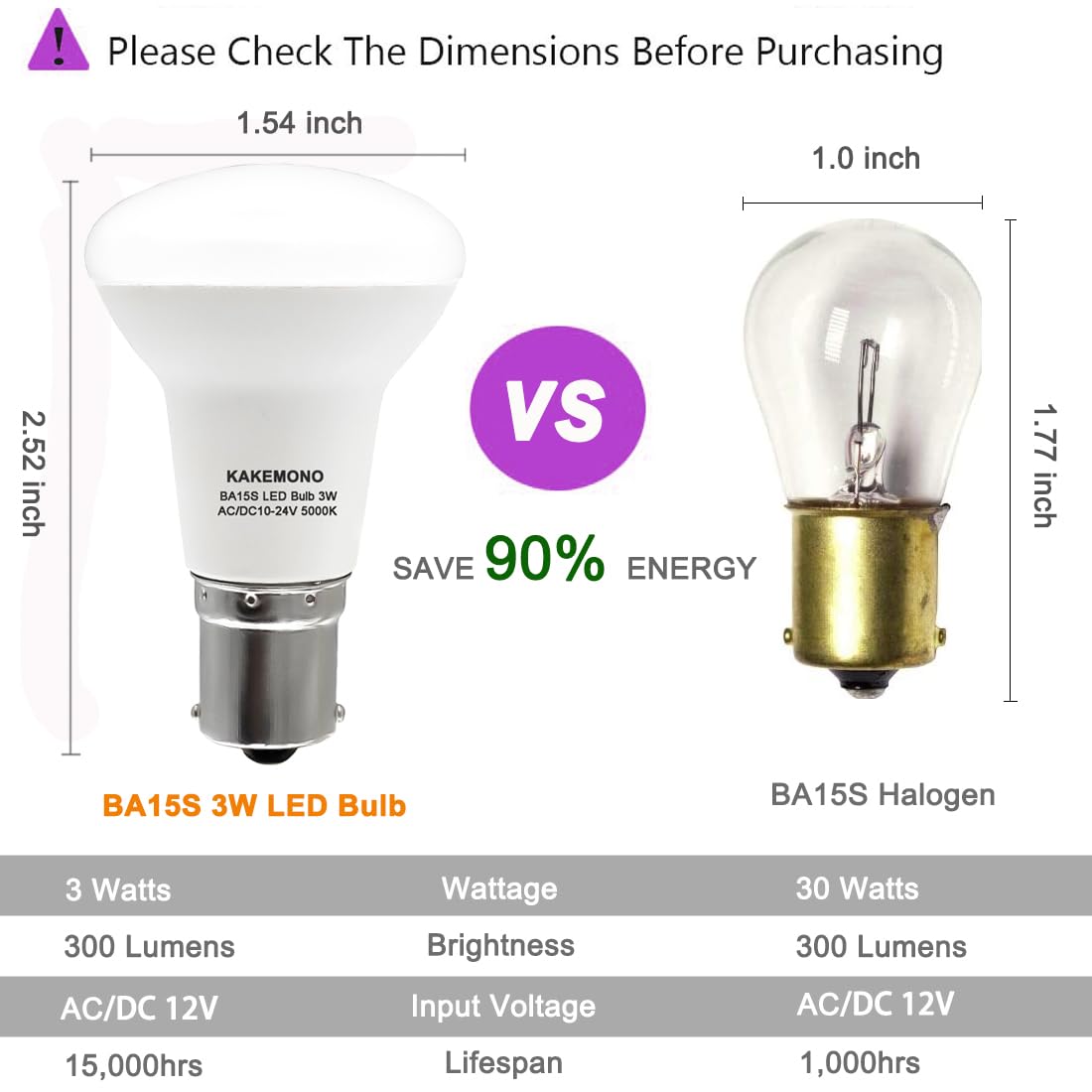 KAKEMONO 1383 1139 R12 LED Reflector Light Bulb 12V 24V BA15S SC Bayonet, 3W 1156 1141 for RV Camper Trailer Marine Boat Reading Light Bulb,Daylight White 5000K,Pack of 3