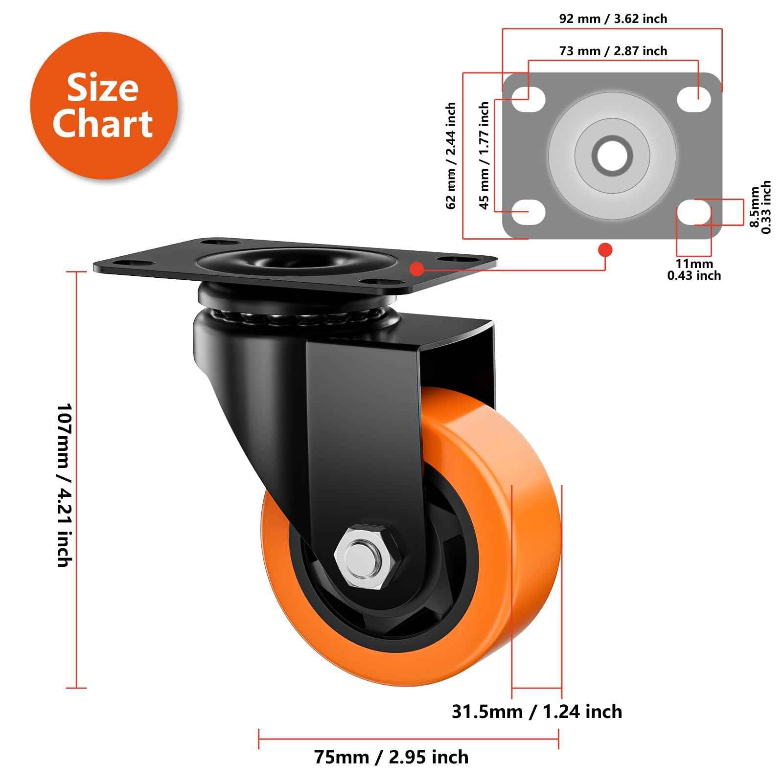 ASHGOOB 3 Inch Caster Wheels, Casters Set of 4 Heavy Duty, Orange Polyurethane (PU) Casters, Industrial Swivel Top Plate Castor Wheels for Workbench/Furniture/Cart (Pack of 4)