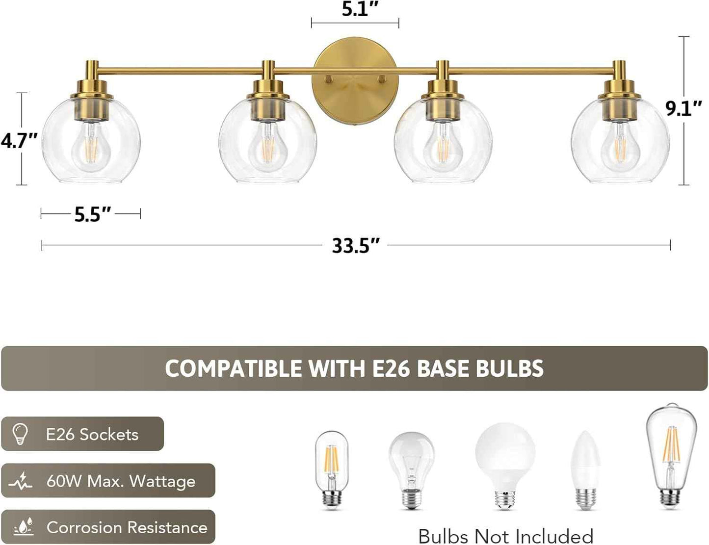 3-Light Vanity Bathroom Light Fixture with Globe Glass Shades - Brushed Nickel, ETL Certified