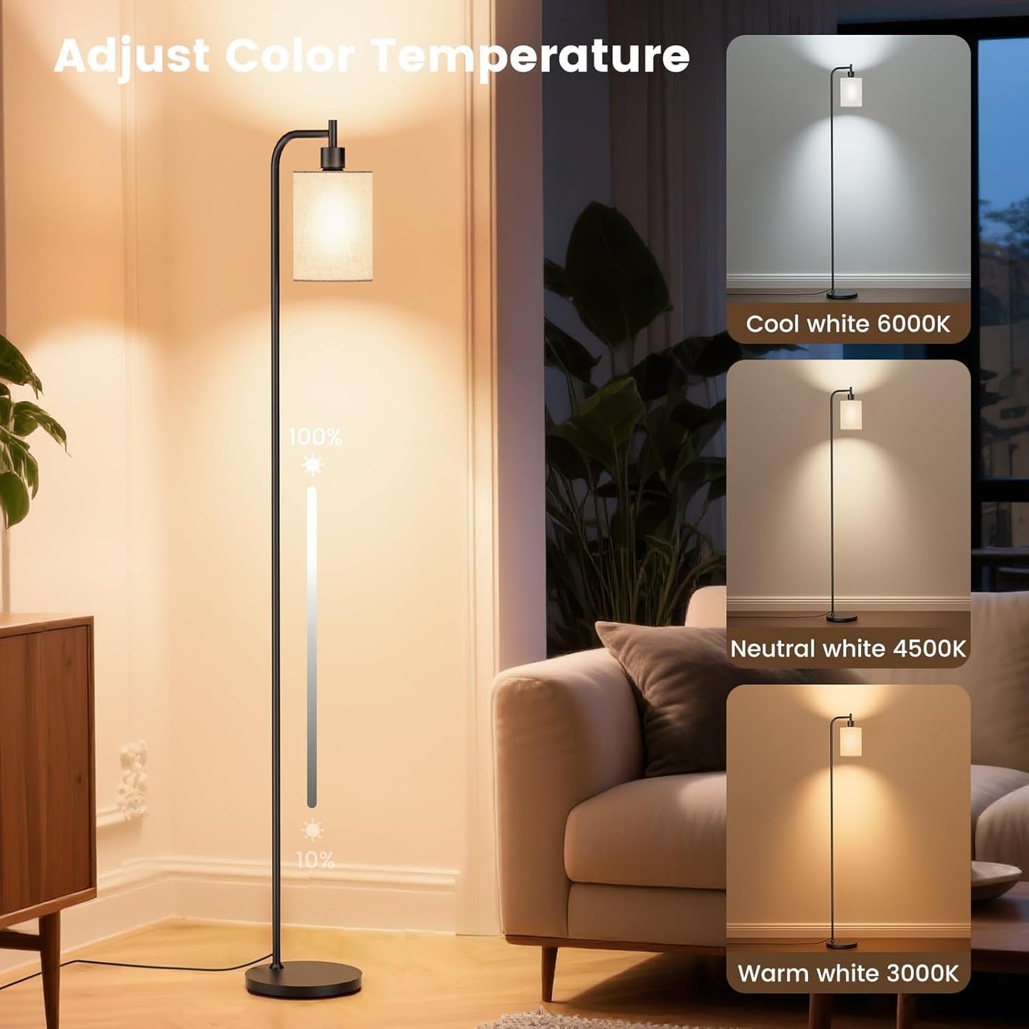 Dimmable Floor Lamp with Linen Shade & Remote Control - Modern 9W LED Standing Lamp for Living Room, Bedroom, Office