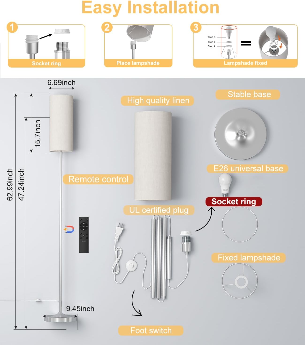 LED Floor Lamp with Remote & Dimmable Feature - Modern Gold Standing Lamp for Living Room & Bedroom