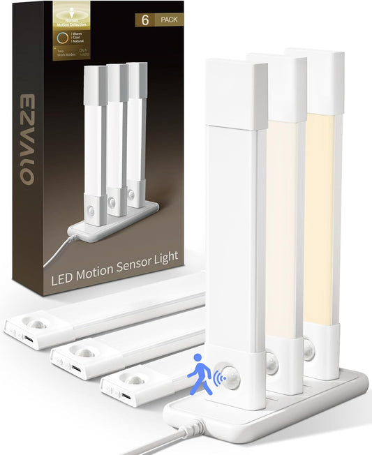 Rechargeable LED Under Cabinet Lighting - 6 Pack Motion Sensor Lights with Charging Station, 3 Color Dimmable for Kitchen & Stair