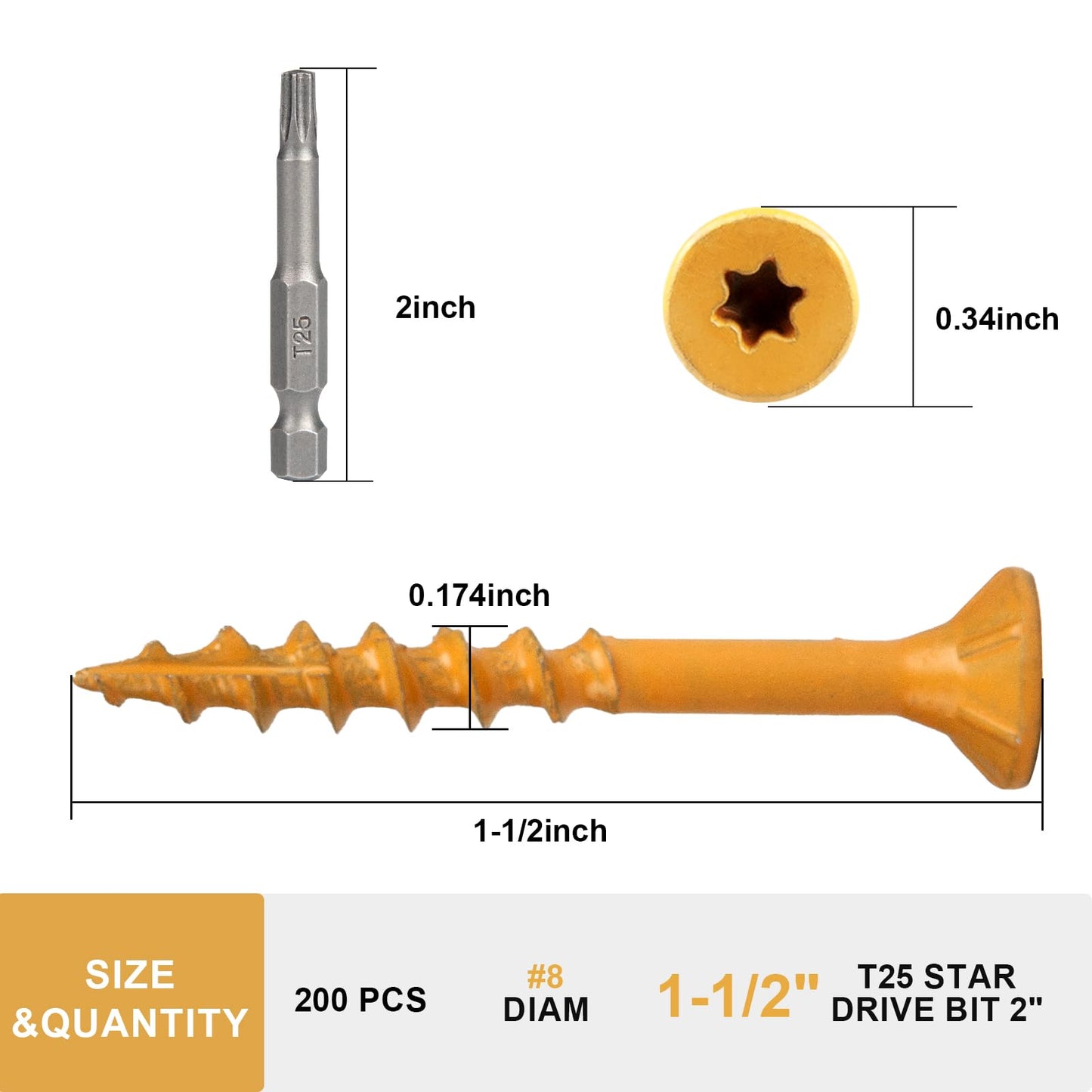 Fmjdnls Deck Screws 1-1/2 Inch, Wood Screws #8×1-1/2, 200 Pcs, Tan Rust Resistant Epoxy Coated, Outdoor Decking Screws, Torx/Star Drive Head Deck Screw, T25 Star Bit Included, for Timber, Fence