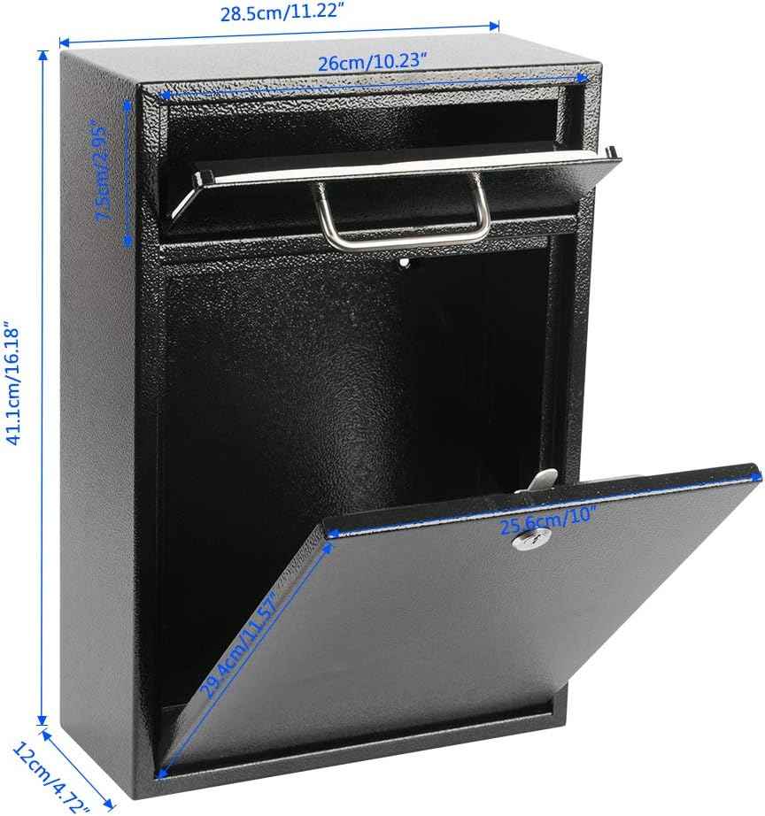 Secure Wall-Mount Mailbox with Lock | KYODOLED Large Steel Drop Box, Black, 16.2H x 11.22L x 4.72W