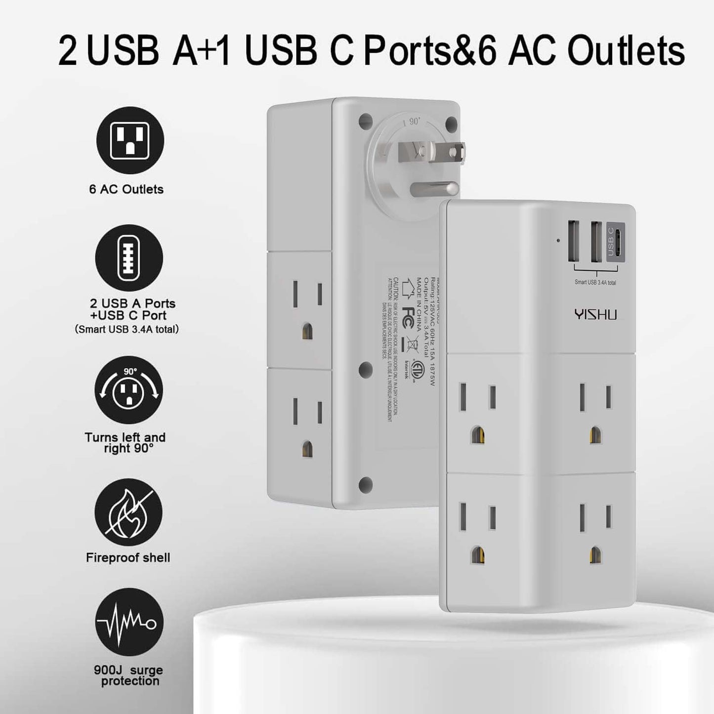 Multi Plug Outlet Surge Protector - YISHU Outlet Extender with Rotating Plug, 6 AC Outlets and 3 USB Ports, 3-Sided Swivel Power Strip Ideal Stocking Stuffers, Gray