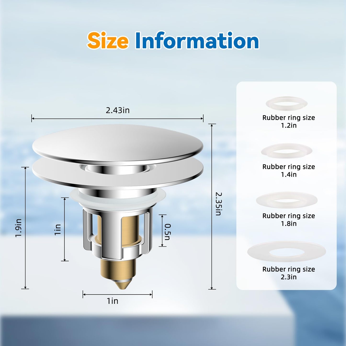 iFealClear Universal Bathroom Sink Stopper, Metal Pop Up Sink Drain Strainer with Detachable Hair Catcher, Fits 1.1"-2.36" US Basin, Wash Basin Drain Plug with Big Cover Cap, Brass Bounce Core, Chrome