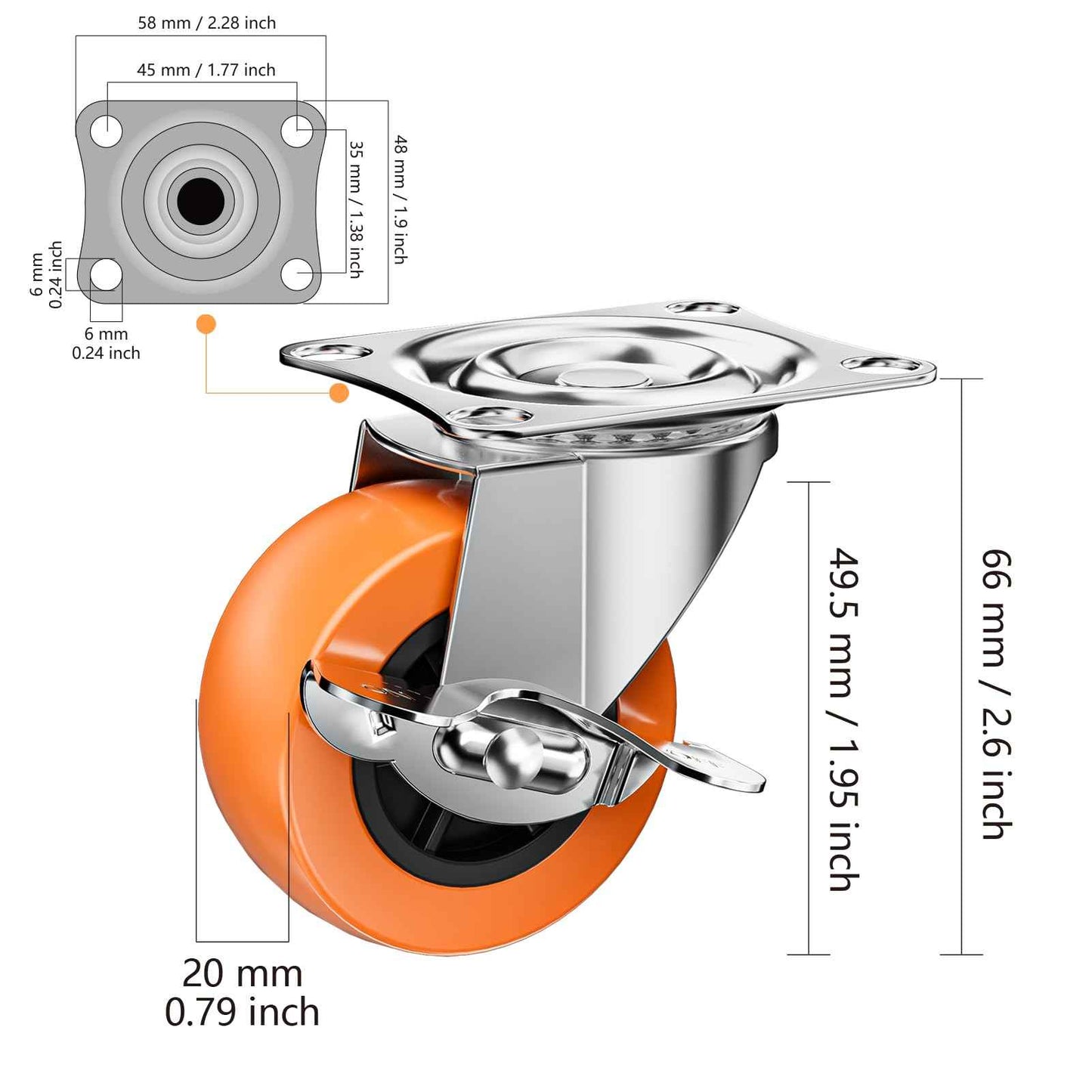 2 Inch Casters, ASHGOOB Caster Wheels with Side Brake, Locking Casters Set of 16, Industrial/Furniture Swivel Plate Caster Wheels for Workbench and Carts, Orange Polyurethane (PU) Castors (16 Pack)