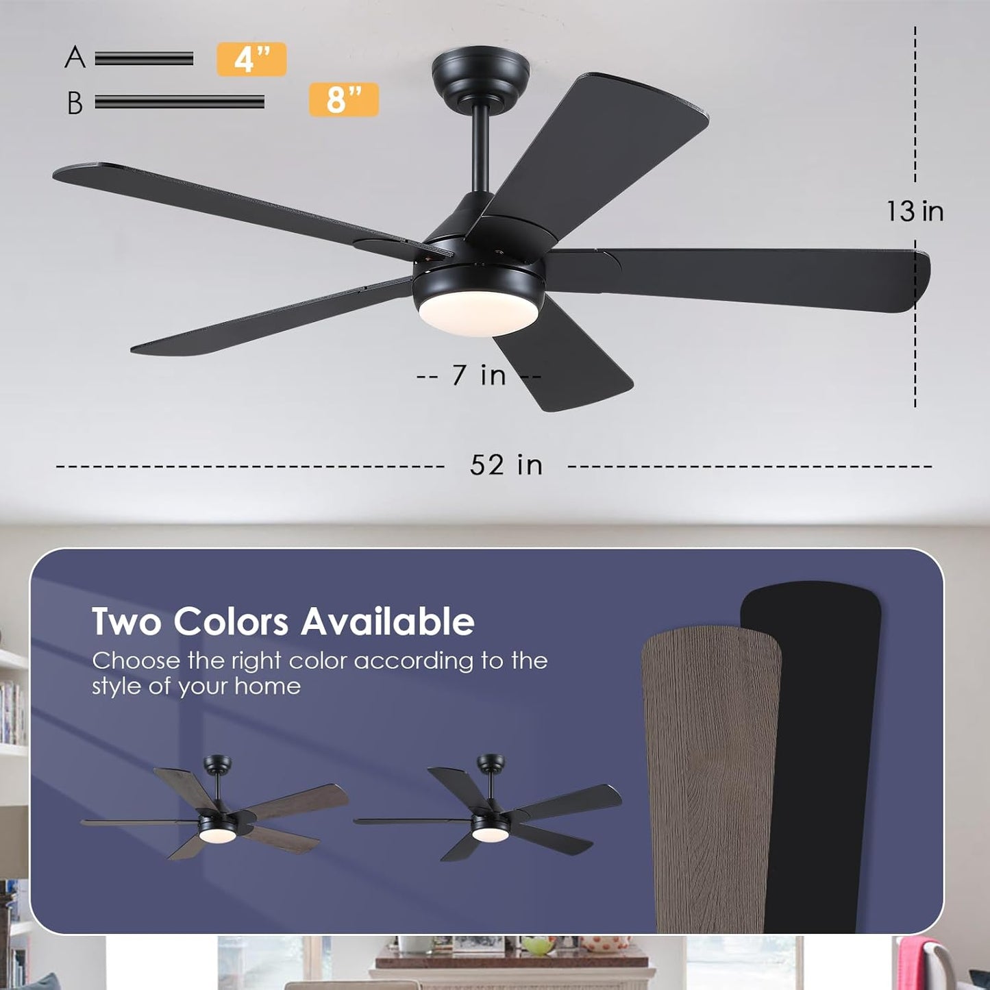 46” Black Low Profile Ceiling Fan with Lights & Remote Control - Dimmable, Noiseless, Reversible for Bedroom