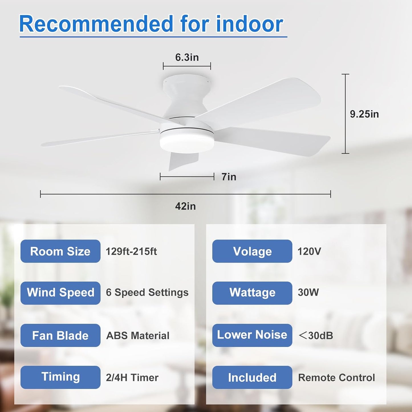 42-Inch Modern Black Ceiling Fan with Light & Remote - Dimmable Low Profile, 5 Reversible Walnut Blades, 6 Speeds for Indoor/Outdoor Use