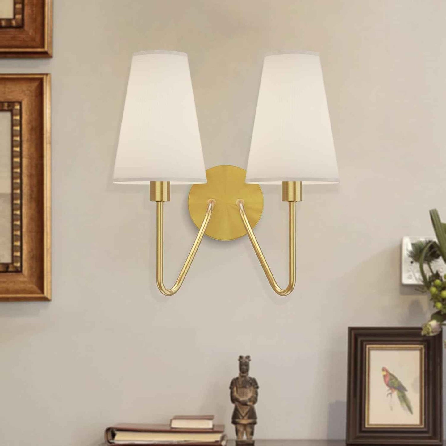 Gold Wall Sconce Lighting Fixture - Set of 2 Classic E12 Hardwired Lamps with Cream Shades