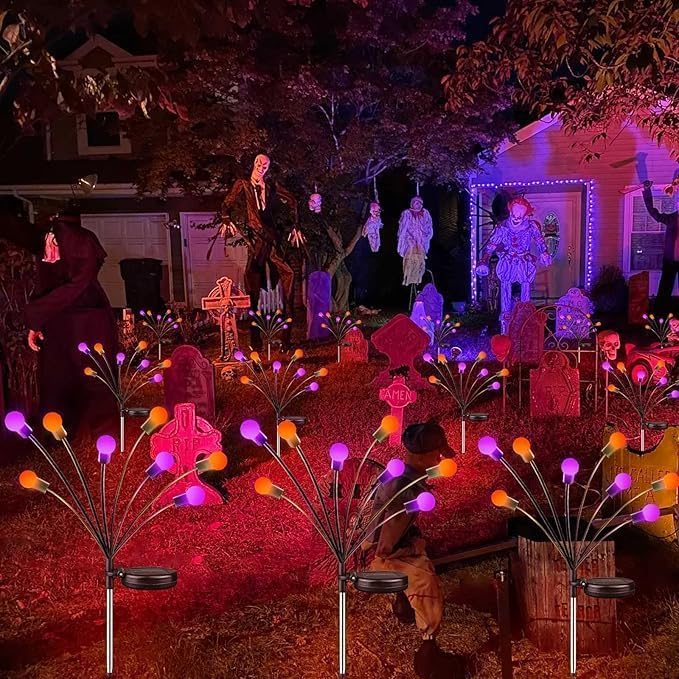 48 LED Solar Halloween Lights - 6 Pack Purple & Orange Waterproof Firefly Lights for Garden & Patio Decor