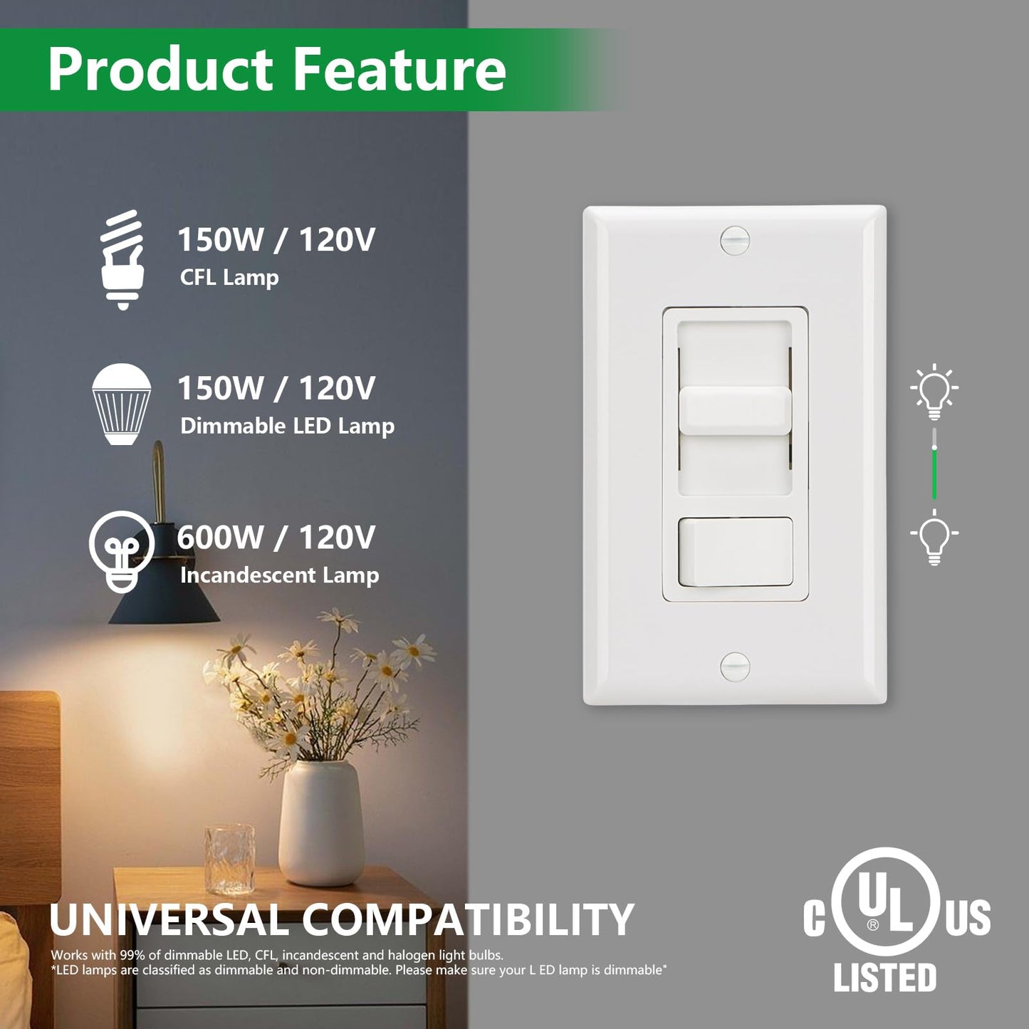 Wengart Dimmer Switch BAK-008,120VAC 150W Dimmable LED/CFL Lights,Halogen and Incandescent Bulbs 600W Max,UL Listed,White