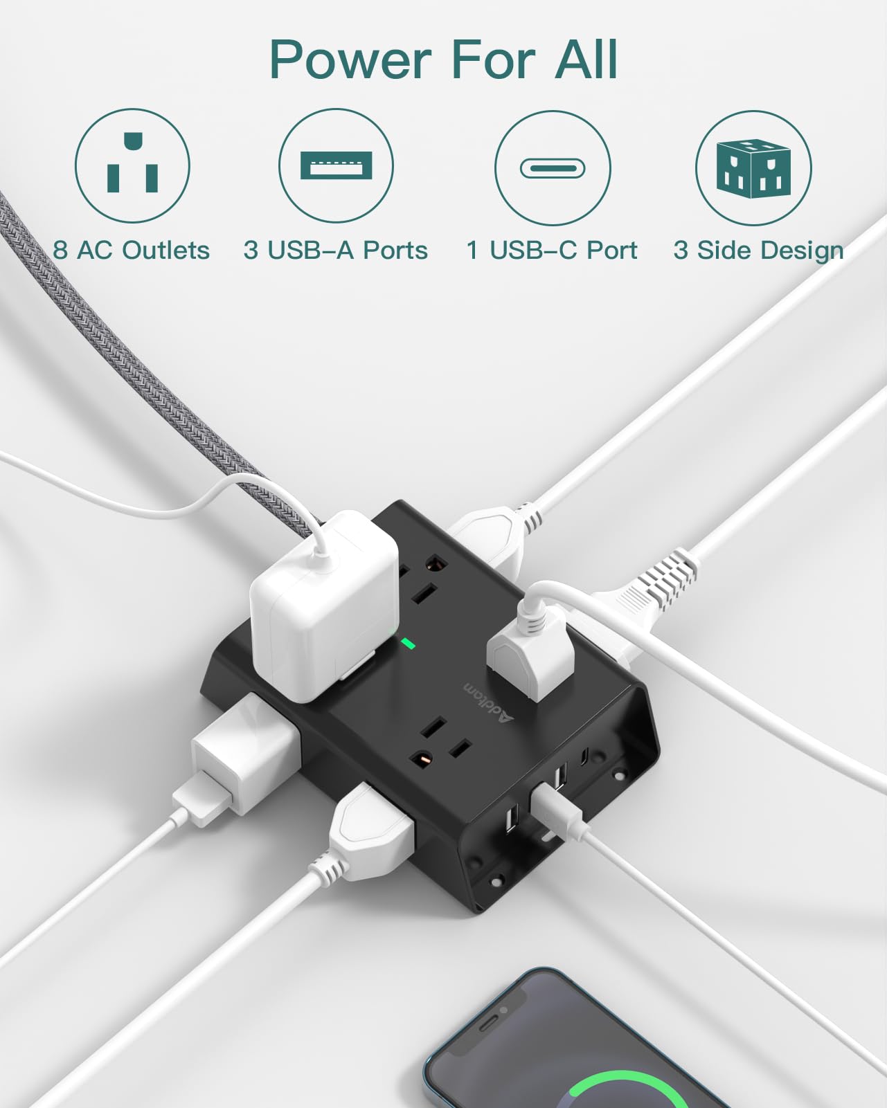 Surge Protector Power Strip, 8 Widely Outlets with 4 USB Ports(1 USB C Outlet), Addtam 3-Side Outlet Extender Strip with 5Ft Extension Cord, Flat Plug, Wall Mount for Dorm Home Office, Black