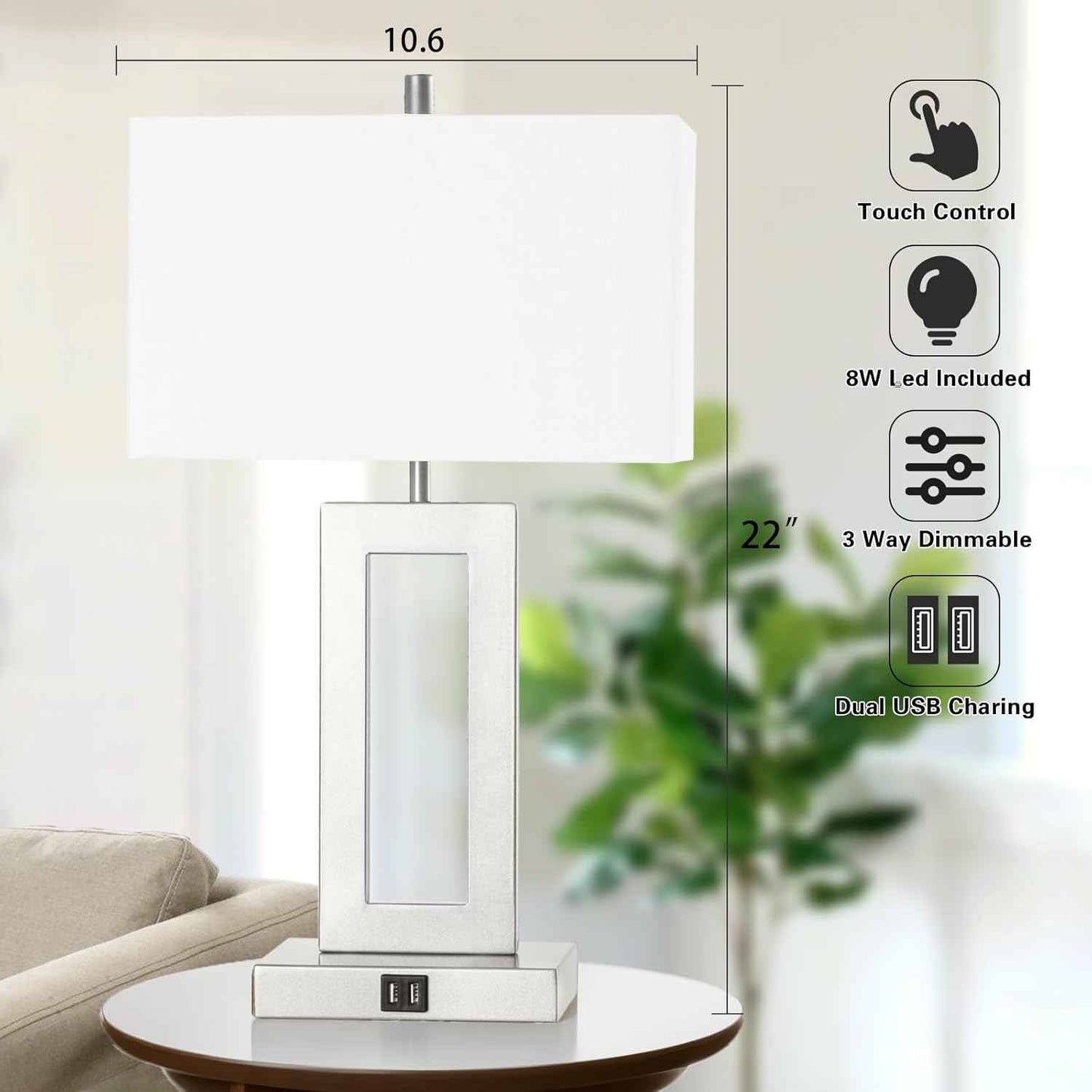 Gold Table Lamps Set of 2 - 3-Way Dimmable Touch Control with USB Ports, 22” Modern Design for Bedroom & Living Room