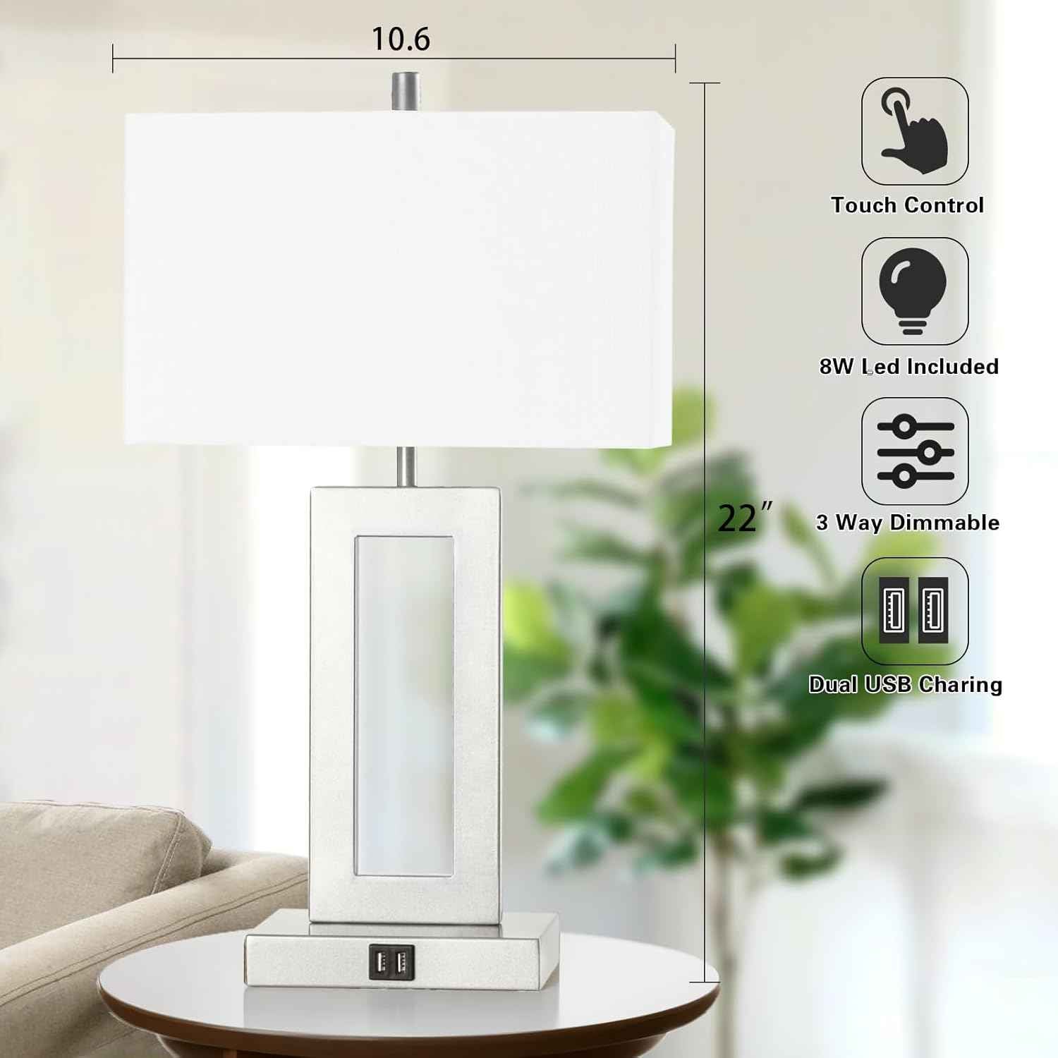 Gold Table Lamps Set of 2 - 3-Way Dimmable Touch Control with USB Ports, 22” Modern Design for Bedroom & Living Room