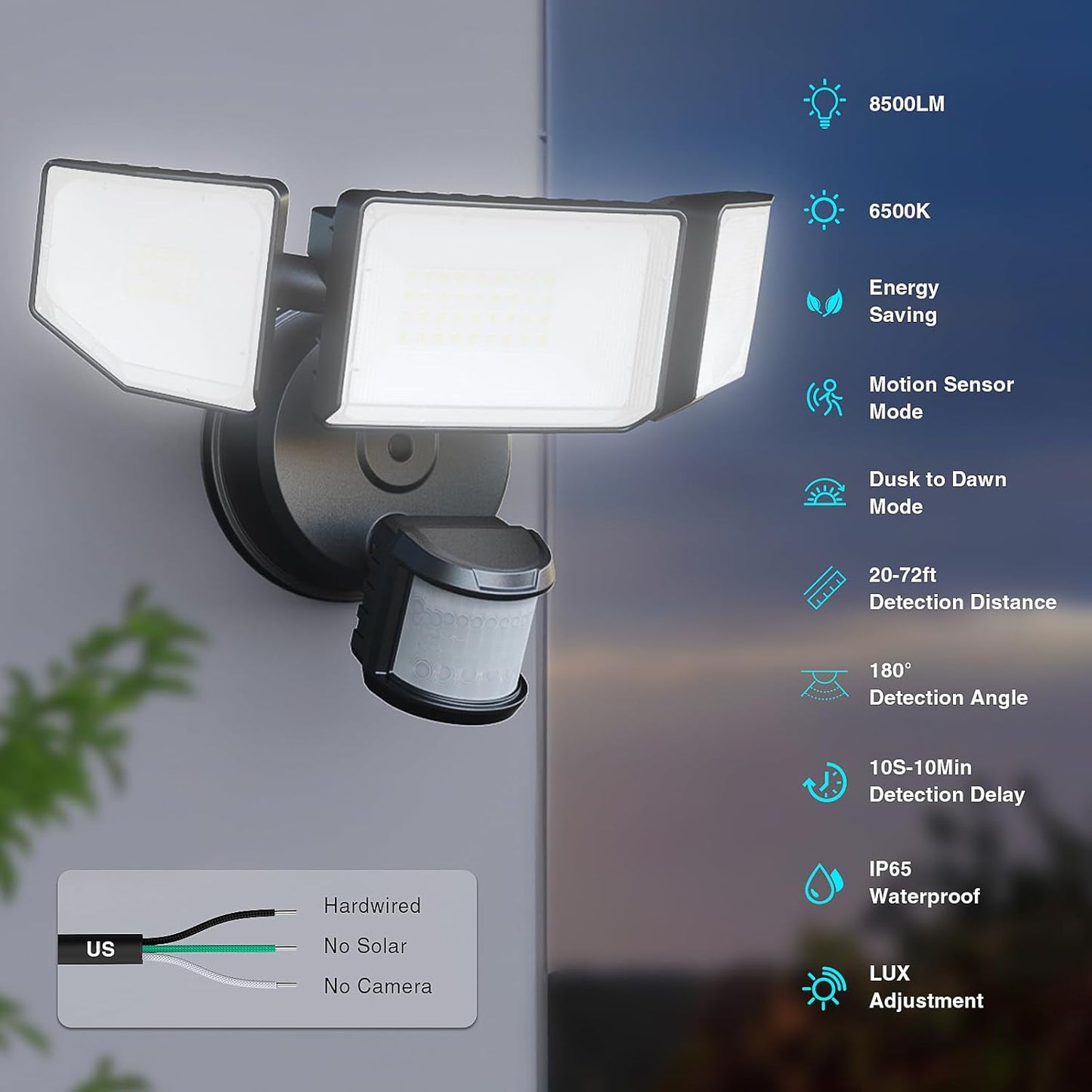 85W LED Motion Sensor Security Light - 8500LM Dusk to Dawn, 3-Head Waterproof Floodlight for Garage, Yard & Porch