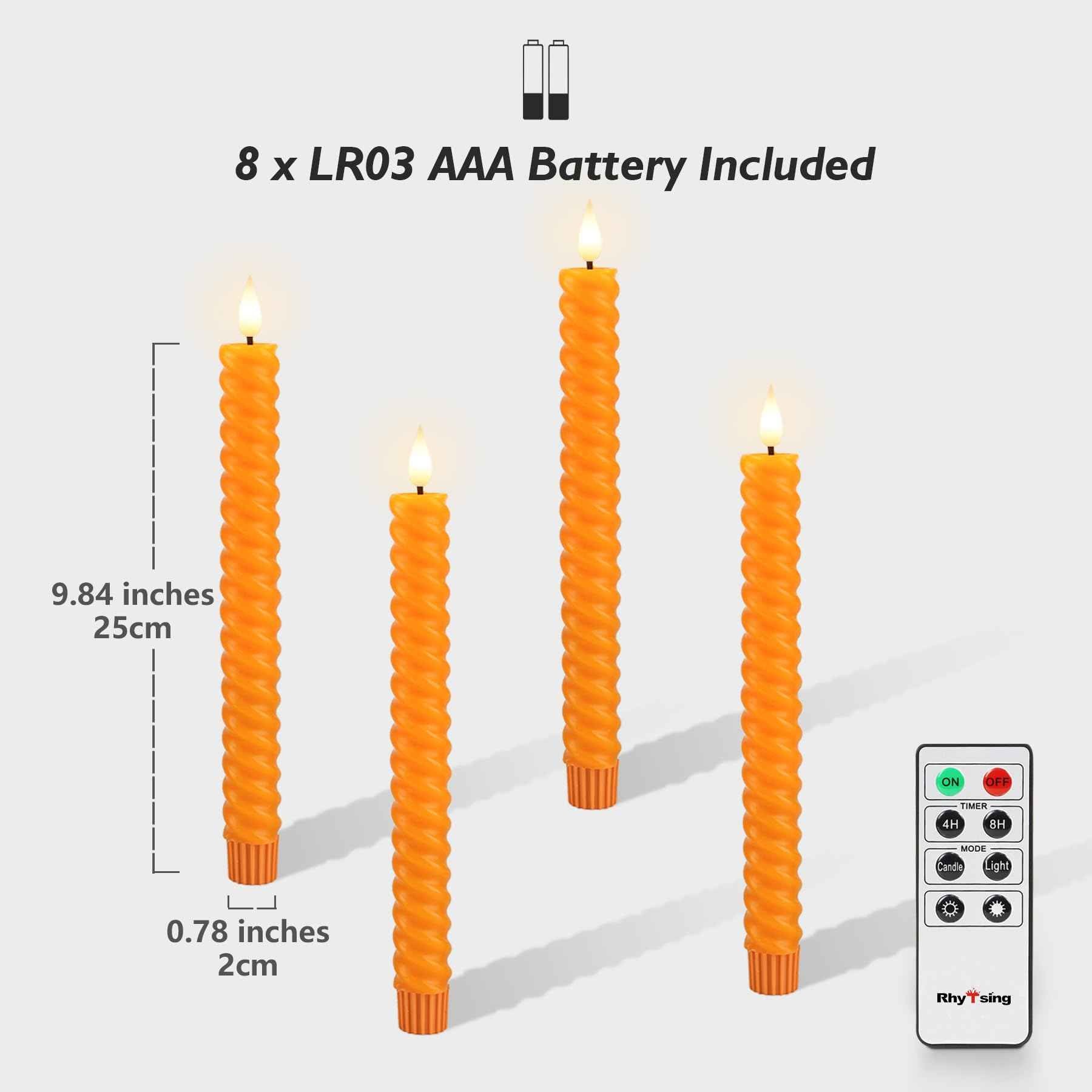 Rhytsing 10" Orange Flameless Twisted Taper Candles with Timer, Battery Operated Spiral Led Candlesticks for Fall and Halloween, Remote & Batteries Included - Set of 4