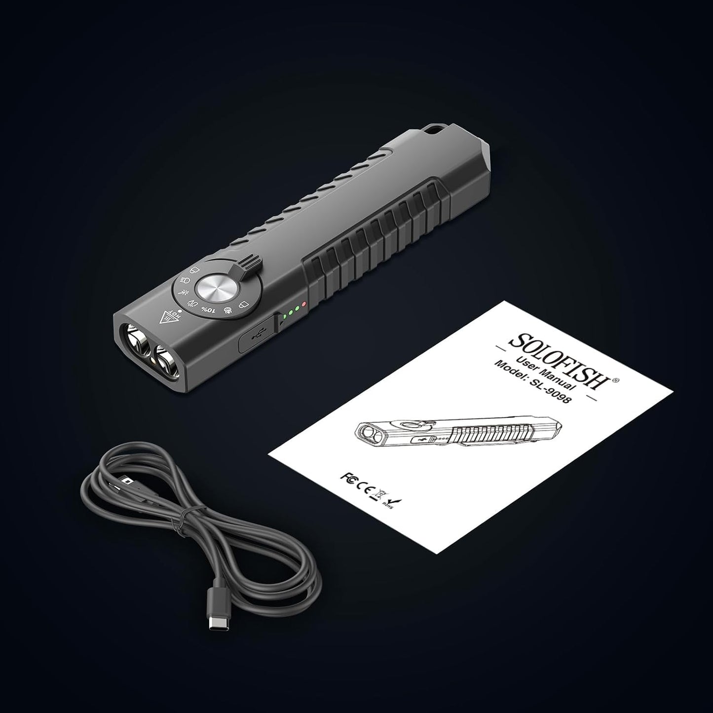 Solofish 1400-Lumen EDC Flashlight - 5-in-1 Portable Light with UV, Green & White LED, Rechargeable