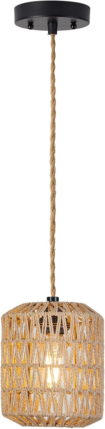 Boho Rattan Pendant Light with 3 Bulbs & 22ft Cord - Woven Hanging Chandelier for Bedroom, Kitchen, Hallway
