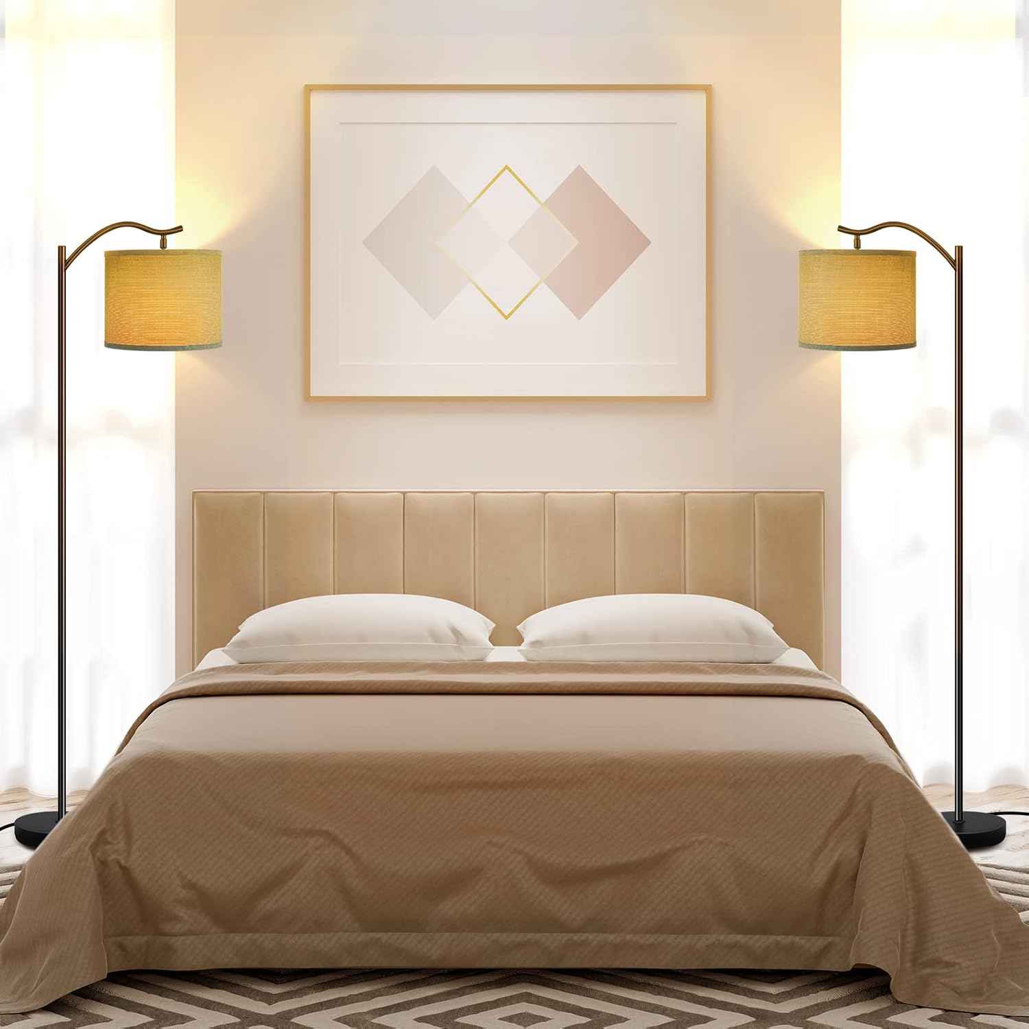 Modern LED Floor Lamp with Bohemian Linen Shade – Arched Tall Standing Light for Living Room & Bedroom