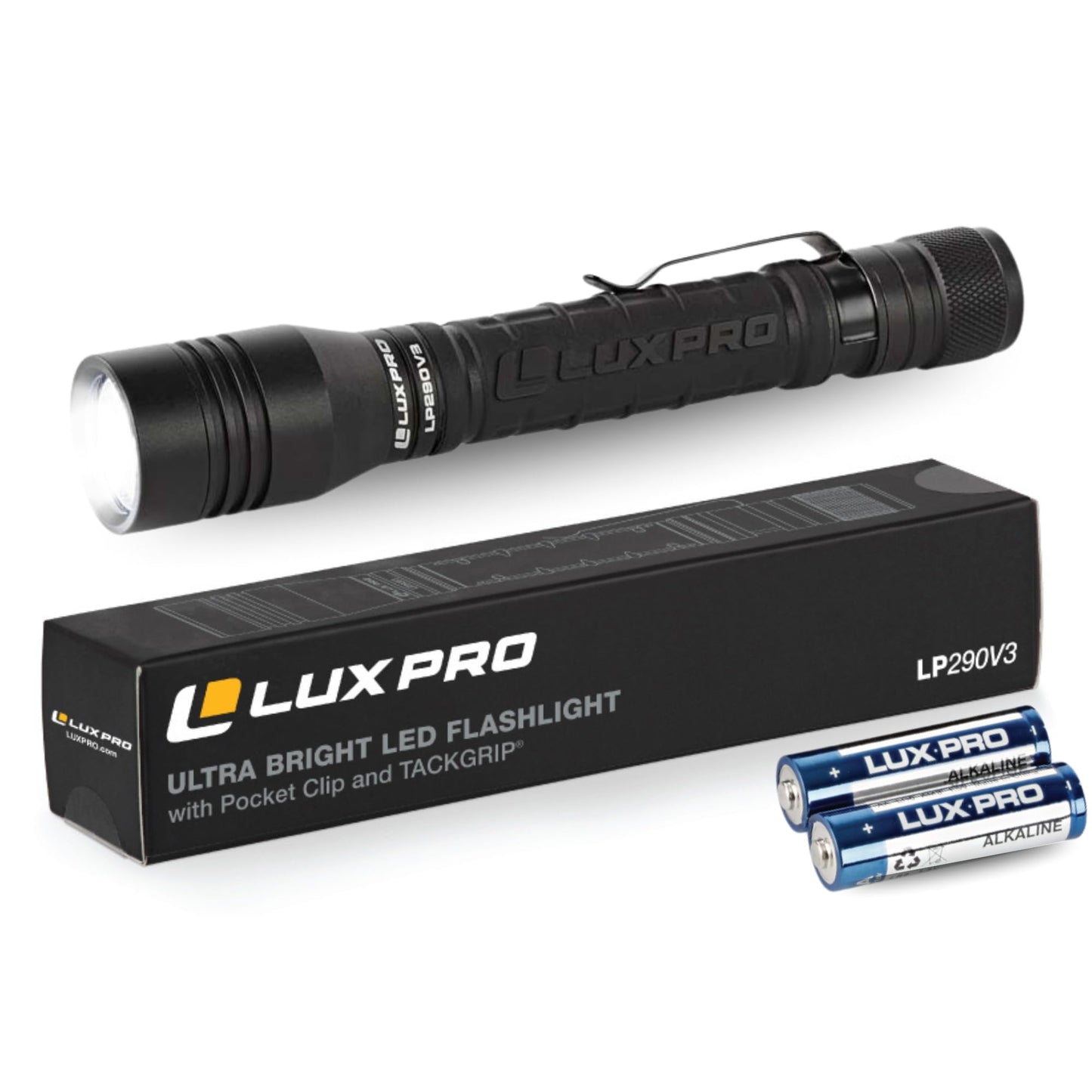 LUXPRO LP290V3 LED Flashlight - Bright 300 Lumens with 3 Light Modes - Aircraft-Grade Aluminum with IPX4 Waterproof Protection & Patented TackGrip - Camping, Outdoor, Home - Batteries Included