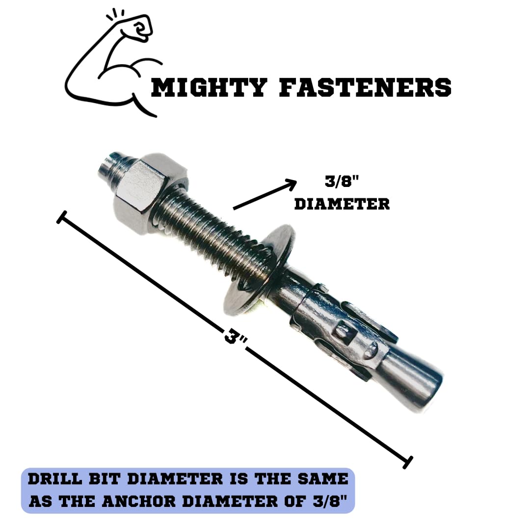 Mighty Fasteners Wedge Anchors – Heavy-Duty 304 Stainless Steel Expansion Bolts for Concrete & Masonry, Rust-Resistant & Durable - 3/8" X 3" - 5 Pack