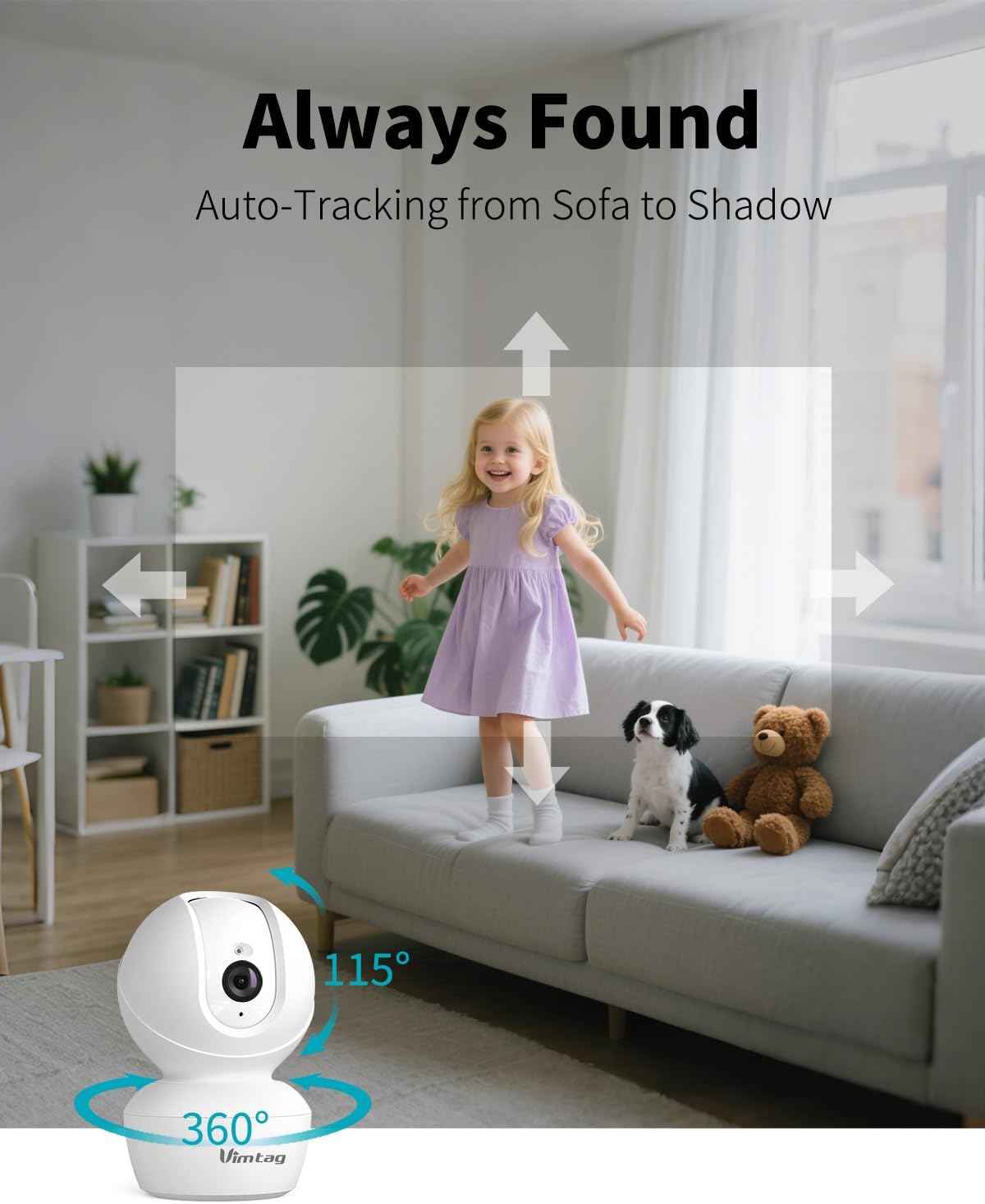 VIMTAG 2.5K Indoor Security Camera with 360° Pan & 2-Way Audio - Pet & Baby Monitor with AI Detection & Night Vision