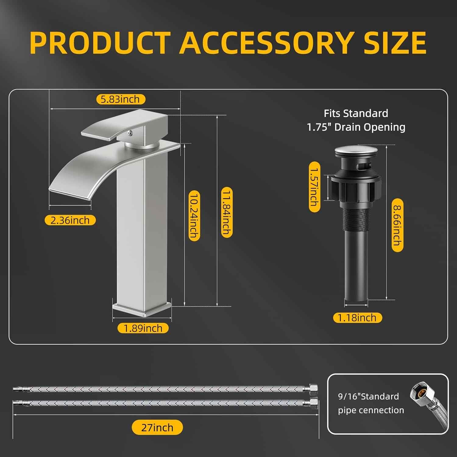 Modern Brushed Gold Bathroom Faucet with Waterfall Spout & Pop-Up Drain - Single Handle Vanity Sink Faucet