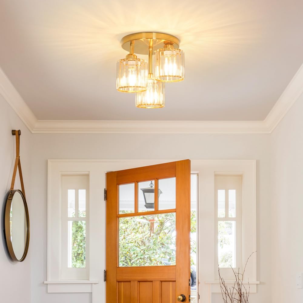 Modern Gold Crystal Ceiling Light Fixture - 11-Inch Semi Flush Mount Chandelier for Kitchen & Entryway