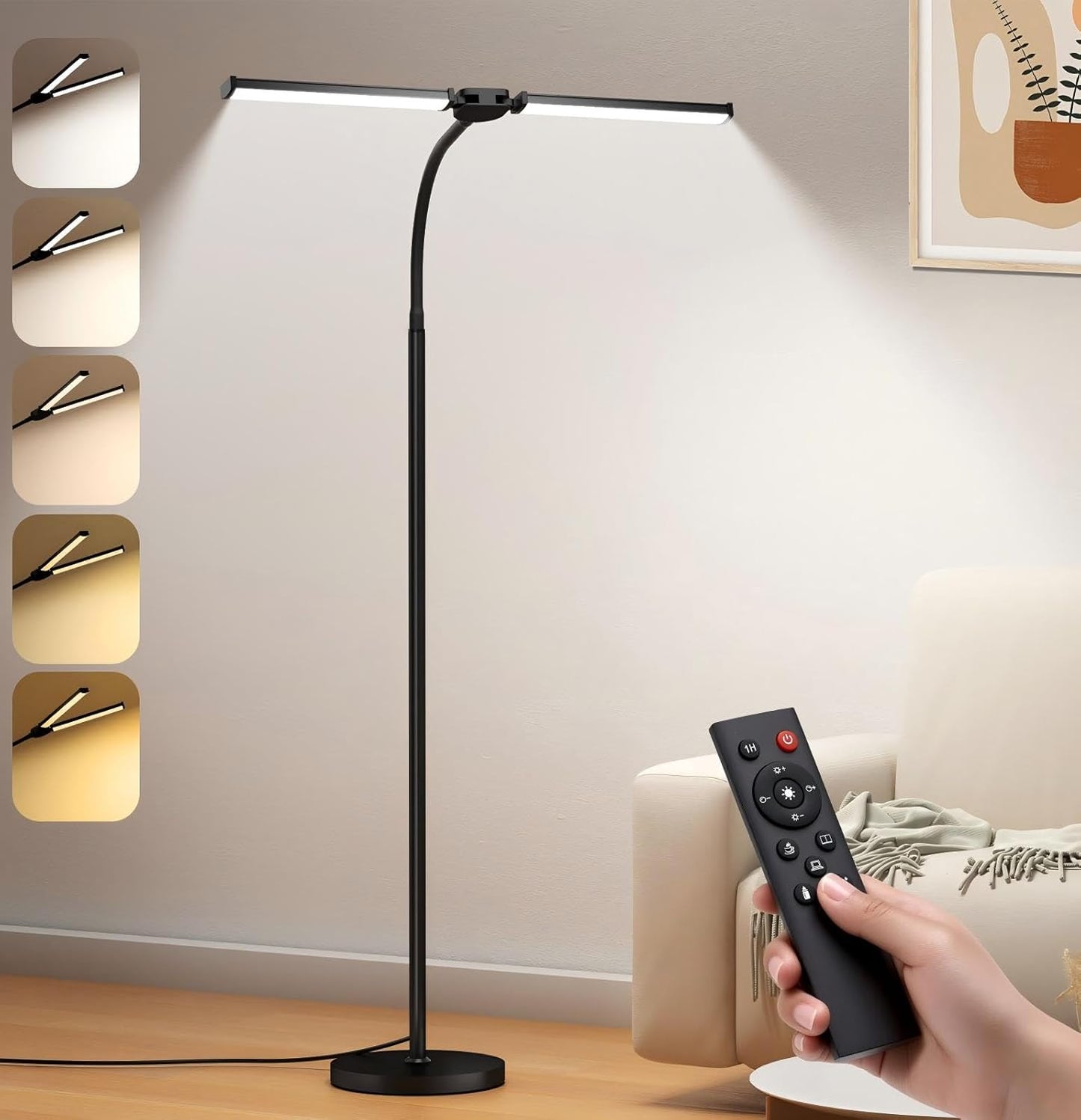 Adjustable LED Floor Lamp for Living Room & Office – Dual Gooseneck, Remote Control, Eye-Caring Brightness