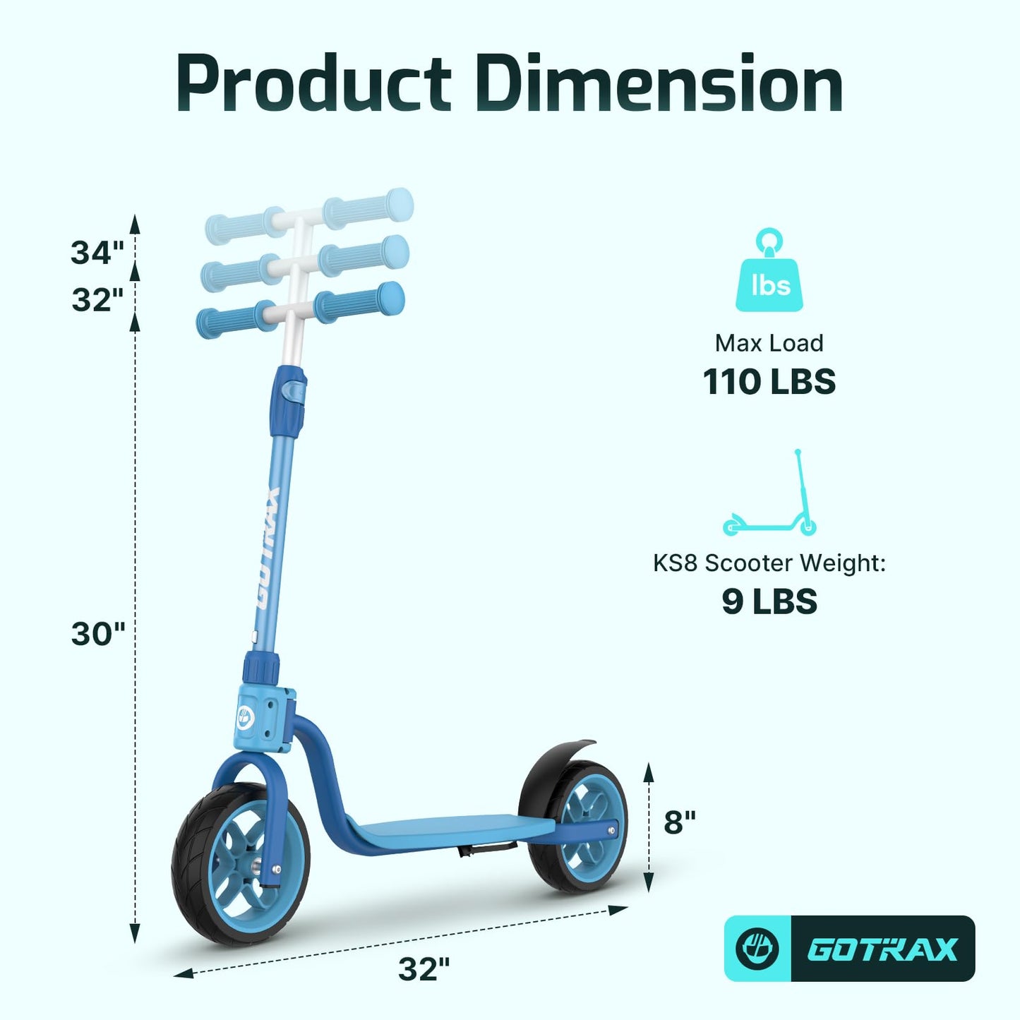 Gotrax KS8 Kick Scooter for Kids 5+, Large 8" Wheels and Height Adjustable Handlebar, Sturdy Wide Deck & Rear Brake, Detachable for Easy Storage, 2 Wheels Kids Scooter, Gift for Boys & Girl, Blue