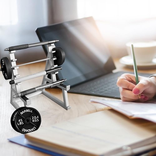 Funny Barbell Pen Holder - Mini Squat Rack Ornaments with 4pcs Weight Plates, Barbell Rack Ornaments for Fitness and Weightlifting Fans