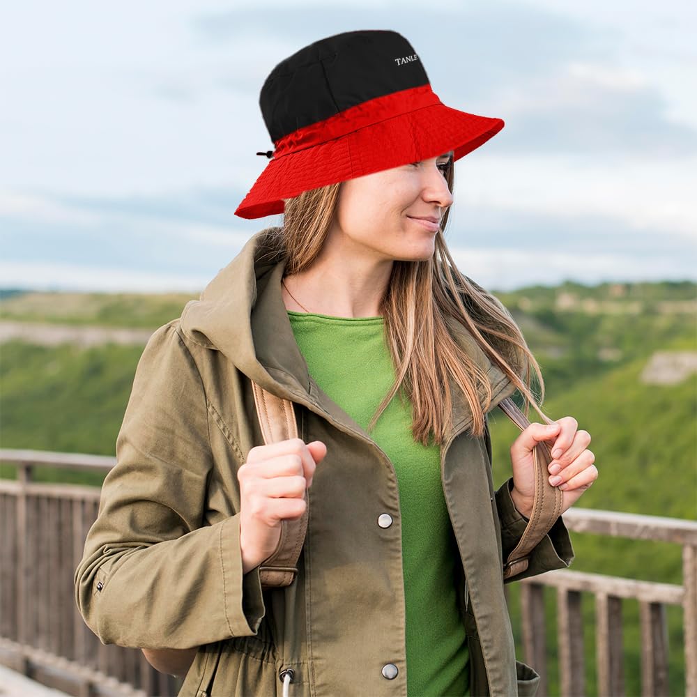 Foldable Bucket Hat for Men Women - Quick Dry Wide Brim Sun Hat with UPF 50+ UV Protection, Packable Breathable Cap for Travel, Hiking, Fishing & Beach(Black red)