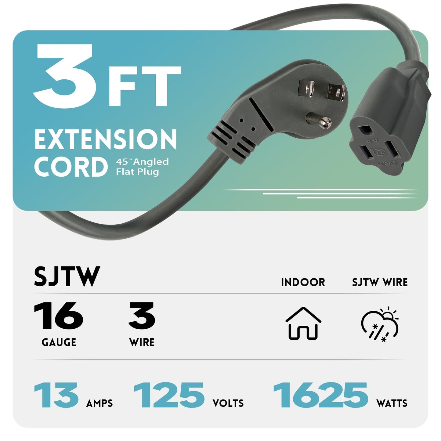 EP 2 Pack 3 Ft Flat Plug Extension Cord, 16 AWG 3 Prong Grounded Grey Low Profile Extension Cable for Indoor