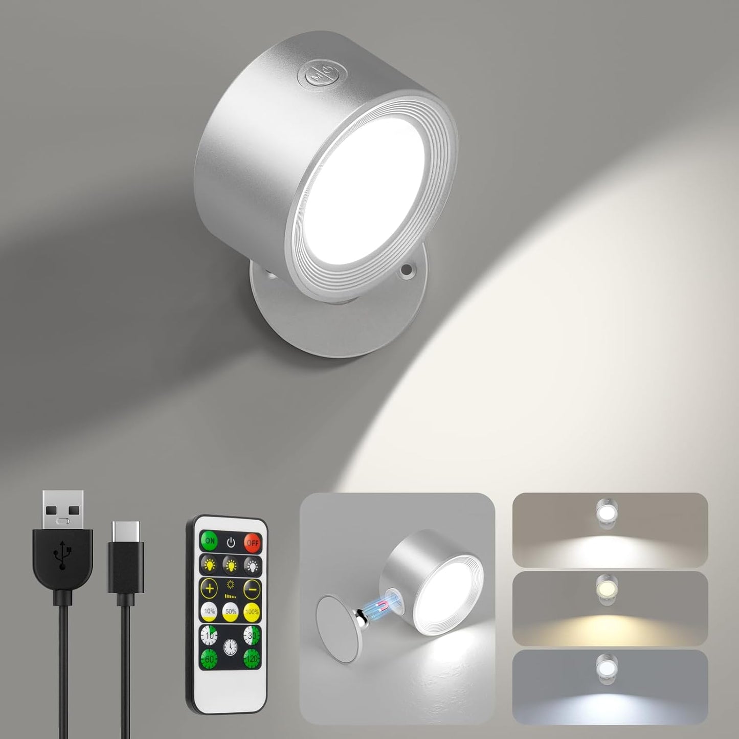 Rechargeable LED Wall Mounted Lights - 3 Pack with Remote, Dimmable & 360° Rotation for Bedroom