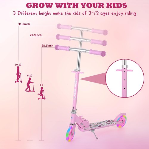 LEADER RIDER Scooters for Kids 3+ with Led Light Up Wheels, Lightweight Foldable Kids Kick Scooters for Girls(Pink)