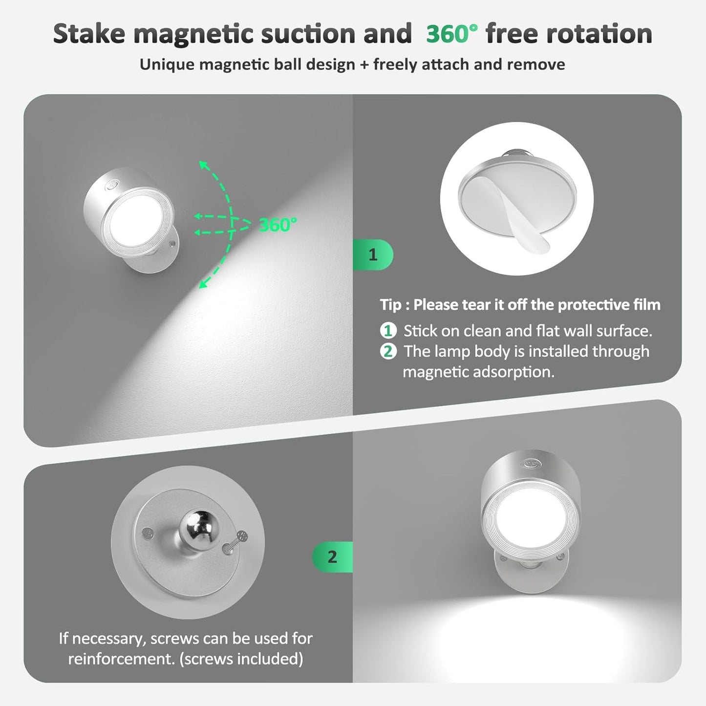 Rechargeable LED Wall Mounted Lights - 3 Pack with Remote, Dimmable & 360° Rotation for Bedroom