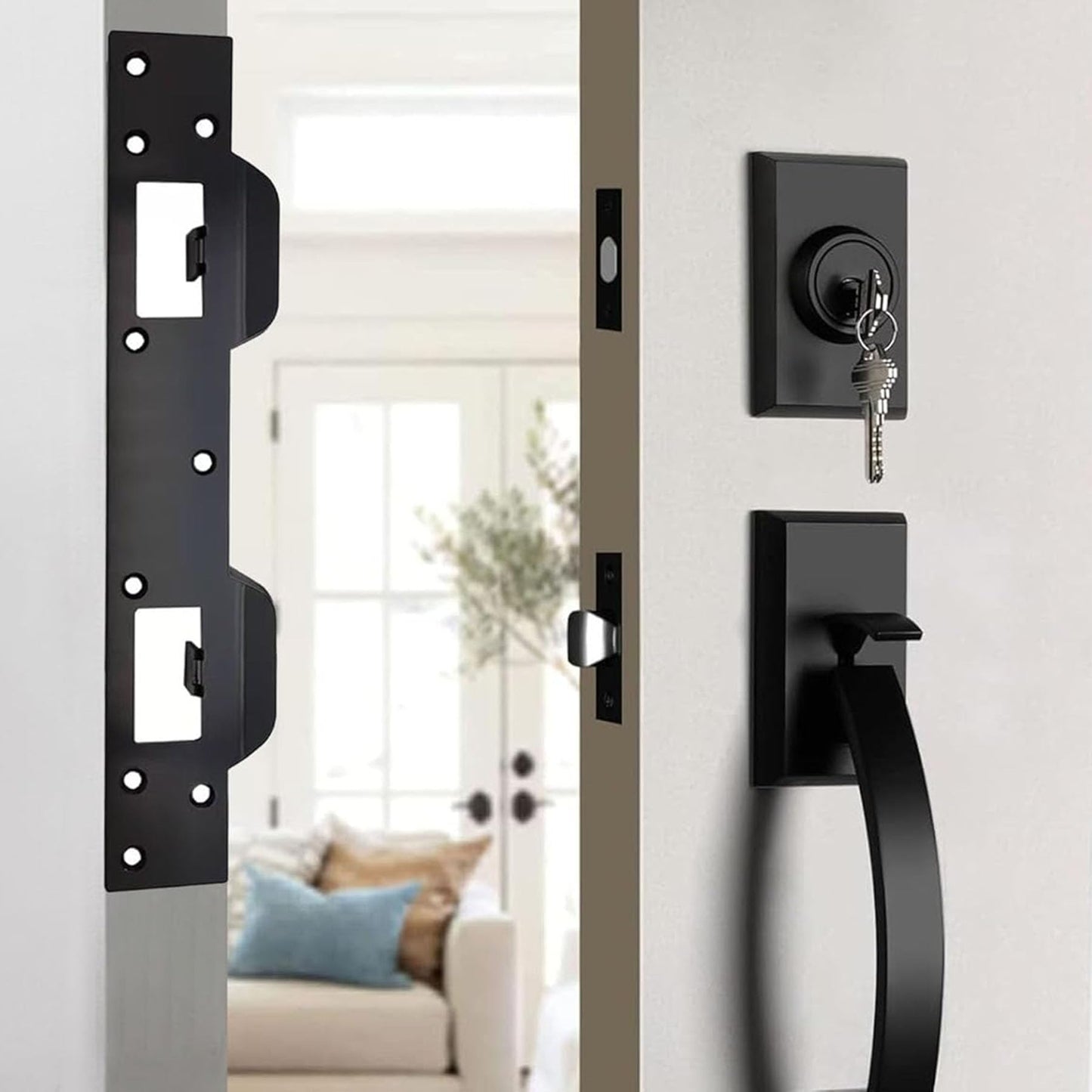 Door Strike Plate Reinforcement Plate, Front Door Strike Plate, Double Strike Plate for 5-1/2 in. Hole Centers, Heavy Duty, Front Door Security Devices Door Latch Plate (Matte Black, 1 Pack)