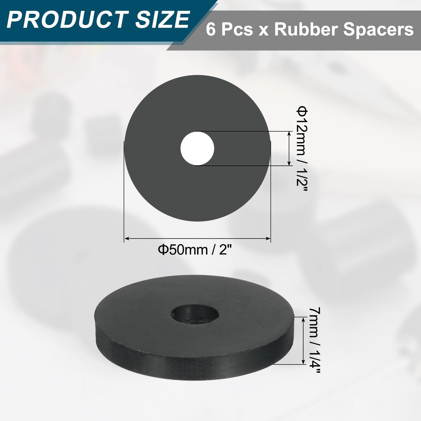 uxcell 6Pcs Thick Rubber Spacer, 2 Inch OD x 1/2 Inch ID x 1/4 Inch Thickness Round Rubber Bushings Anti Vibration Flat Spacer Washers for Home Industrial Machinery