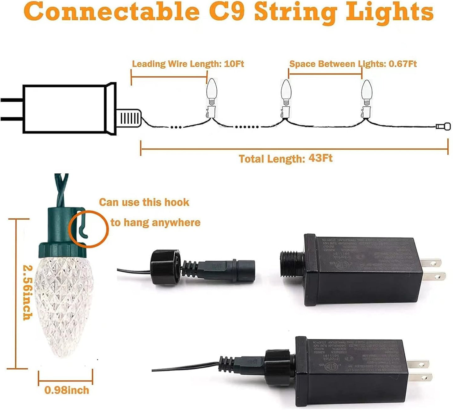 100 LED C9 Halloween String Lights - 66FT Waterproof Twinkle Lights with 8 Modes & Timer for Indoor/Outdoor Decor (Orange, Purple, Green) - 2-Pack