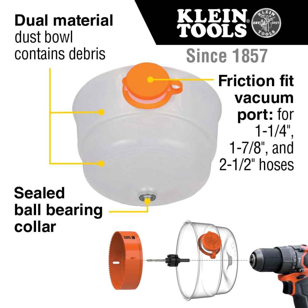 Klein Tools 31101 Collapsible Hole Saw Dust Bowl, Ideal for Overhead Can and Recessed Lighting, Fits Hole Saws up to 6-3/8-Inch, Arbors up to 1/2-Inch