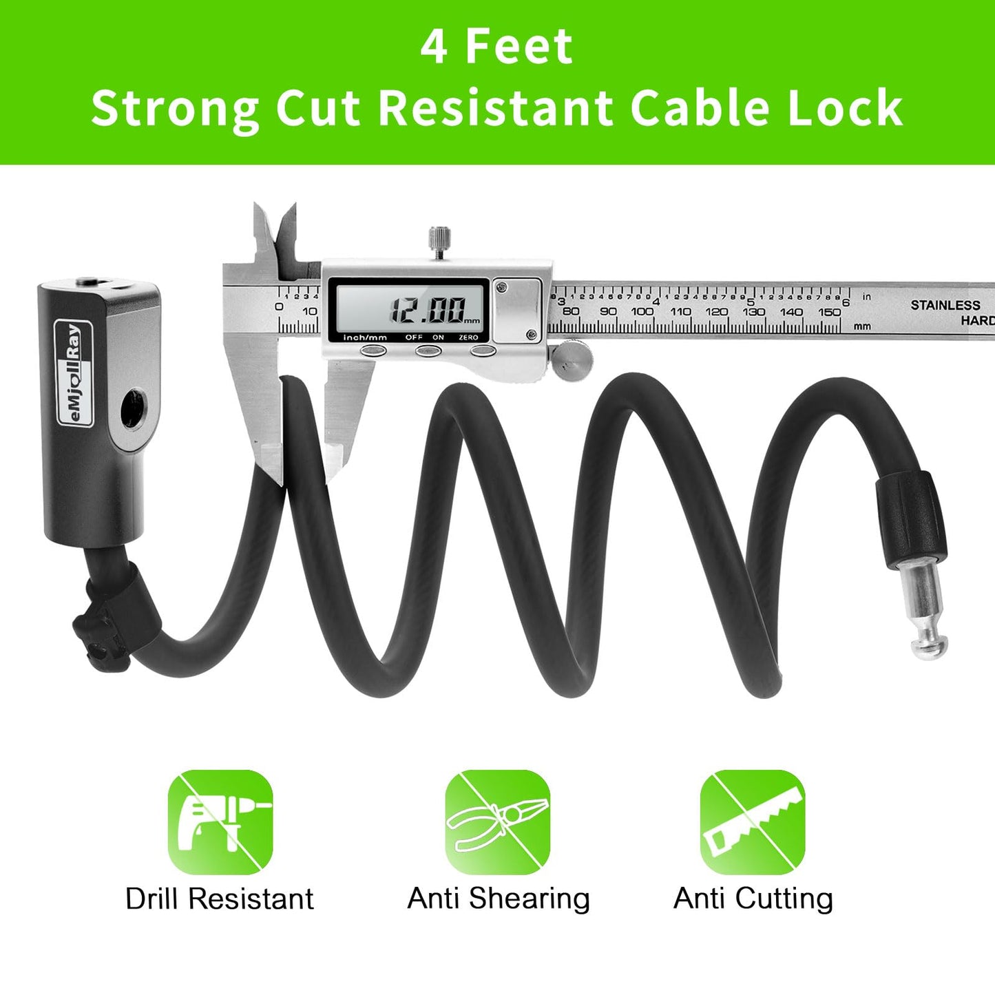 eMjollRay Electric Scooter Lock 4FT 12mm Heavy Duty Anti Theft Coiled Cable Lock with Mounting Bracket, Keyed Security for E-Scooter, Bike, Ebike, Motorcycle