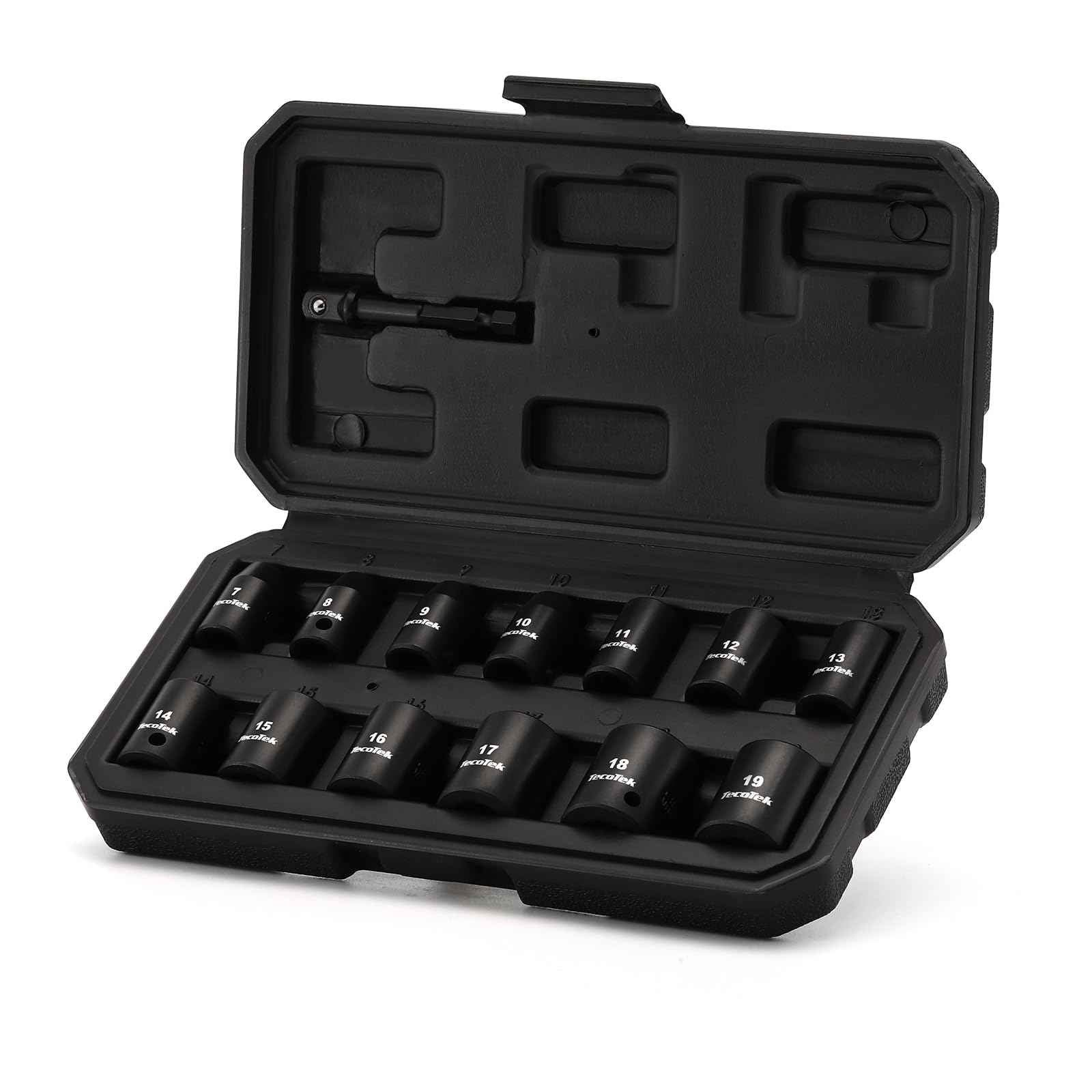 TecoTek 14 Pieces 3/8-Inch Drive Impact Socket Set, 12-Point, Metric, Shallow, CR-V, 7mm to 19mm, Drill Socket Adapter 3/8"