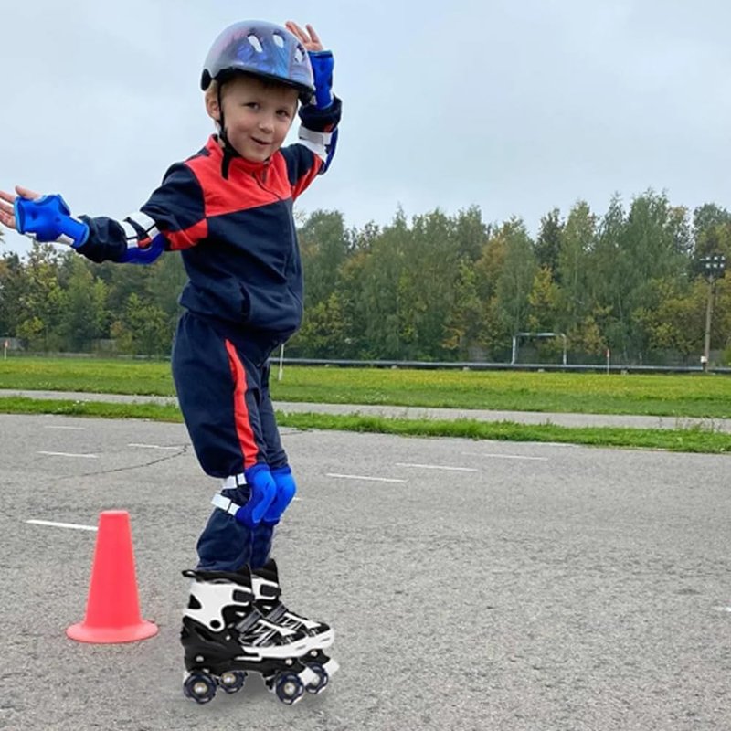 SYXKJ Boys Girls 4 Size Adjustable Kids Roller Skates for Children Toddlers Beginner with All Light Up Wheels, Birthday Gift for Outdoor Indoor Sports (Black White, Large)